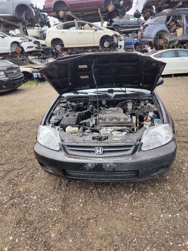 A salvaged Honda with the hood up, staged for parts pulling in the Scott's yard